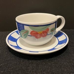 Johnson Bros. Hopscotch Blue & White Checkered Tea Cup and Saucer w Pink Flower